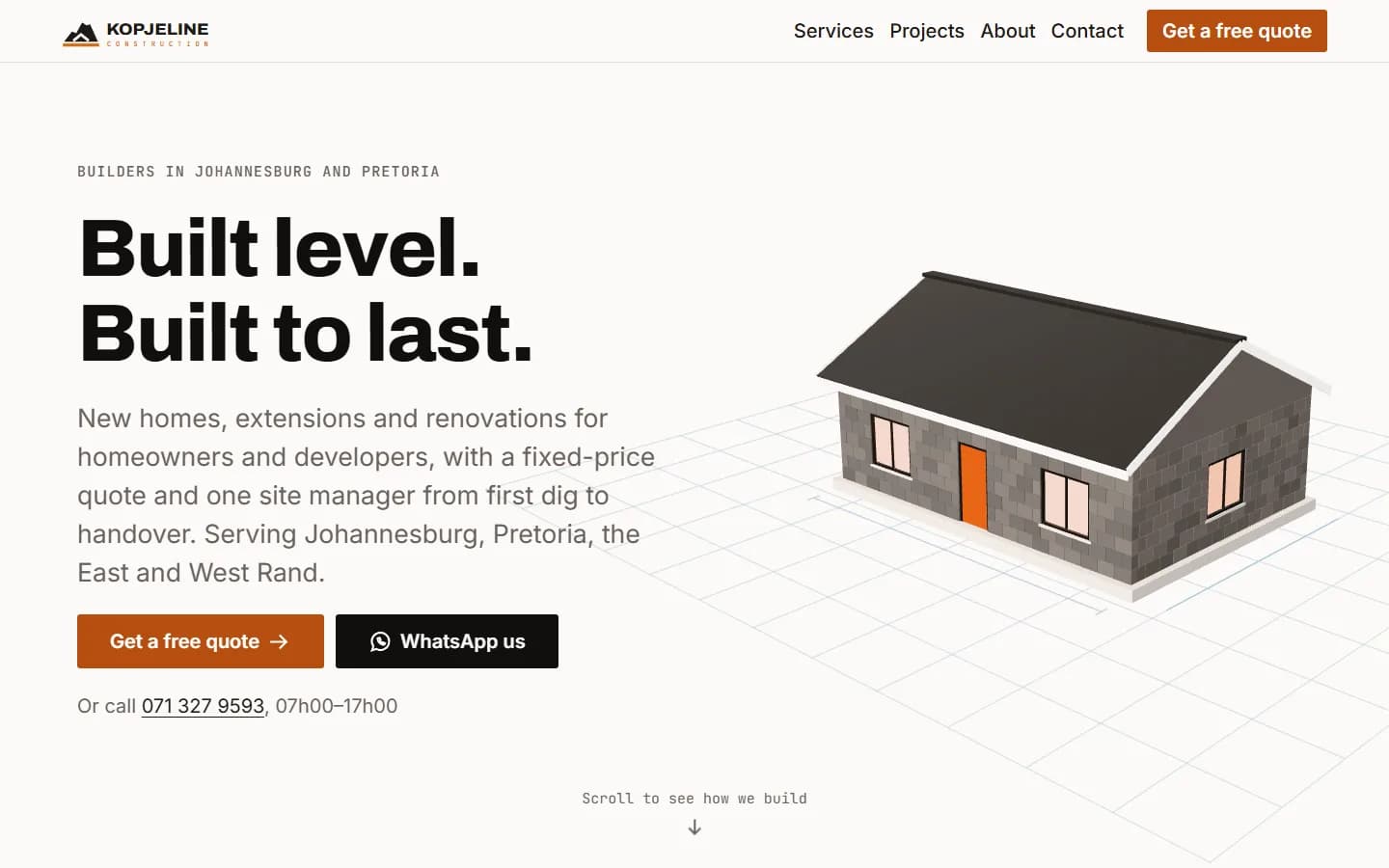 Kopjeline Construction website, desktop view