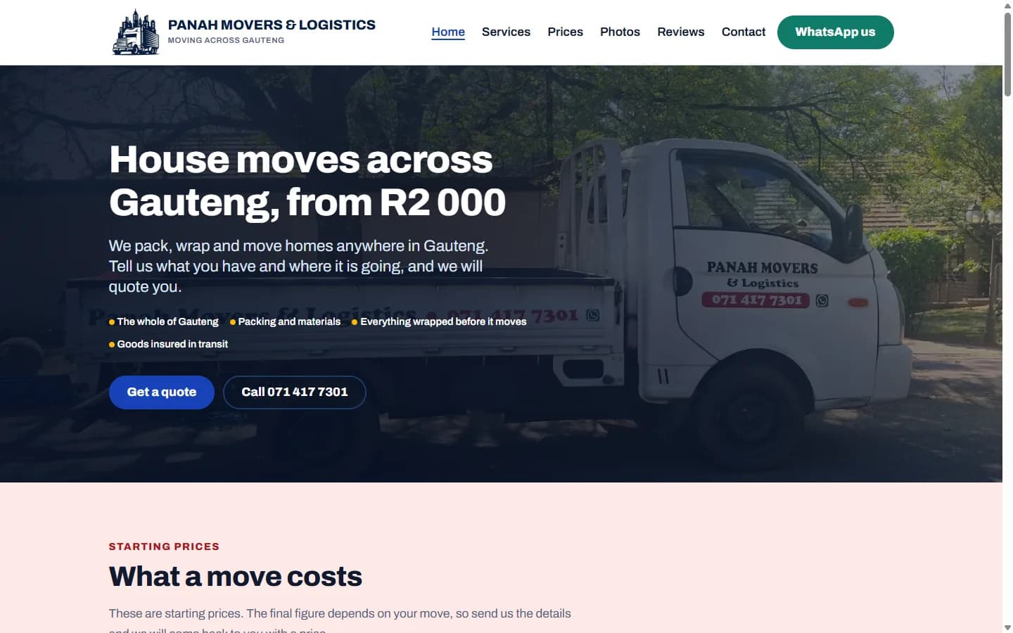 Panah Movers & Logistics website, desktop view